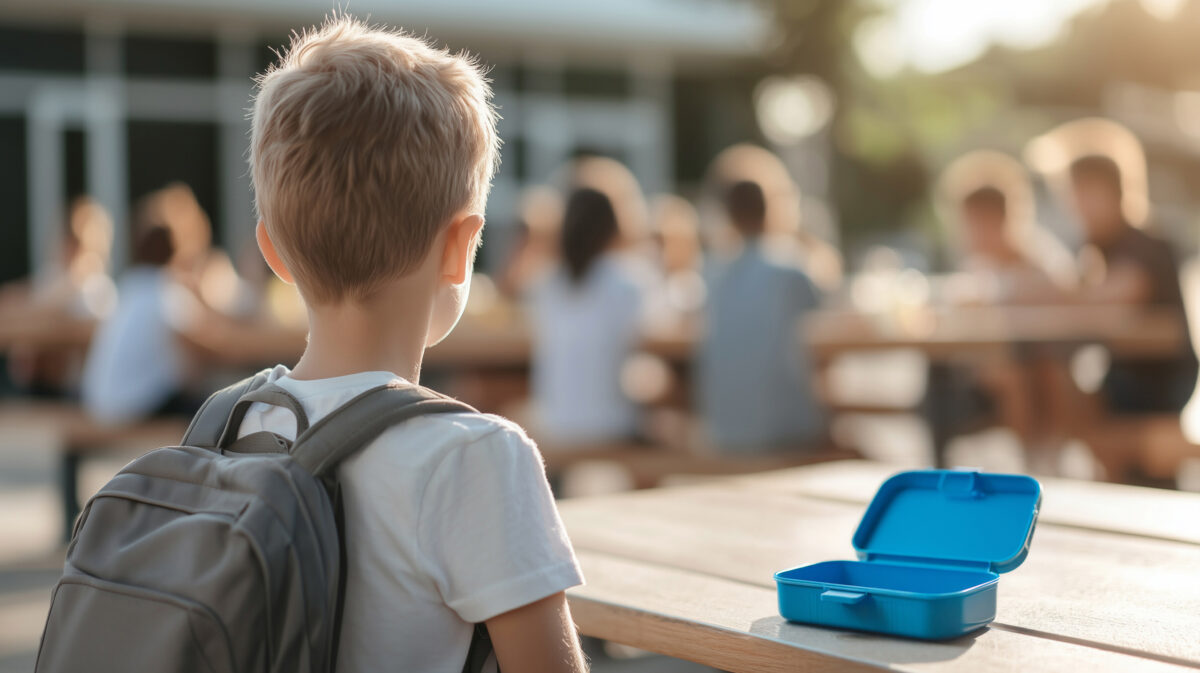 Spendenprojekt Kinderarmut Junge sitzt mit leerer Brotdose allein am Tisch